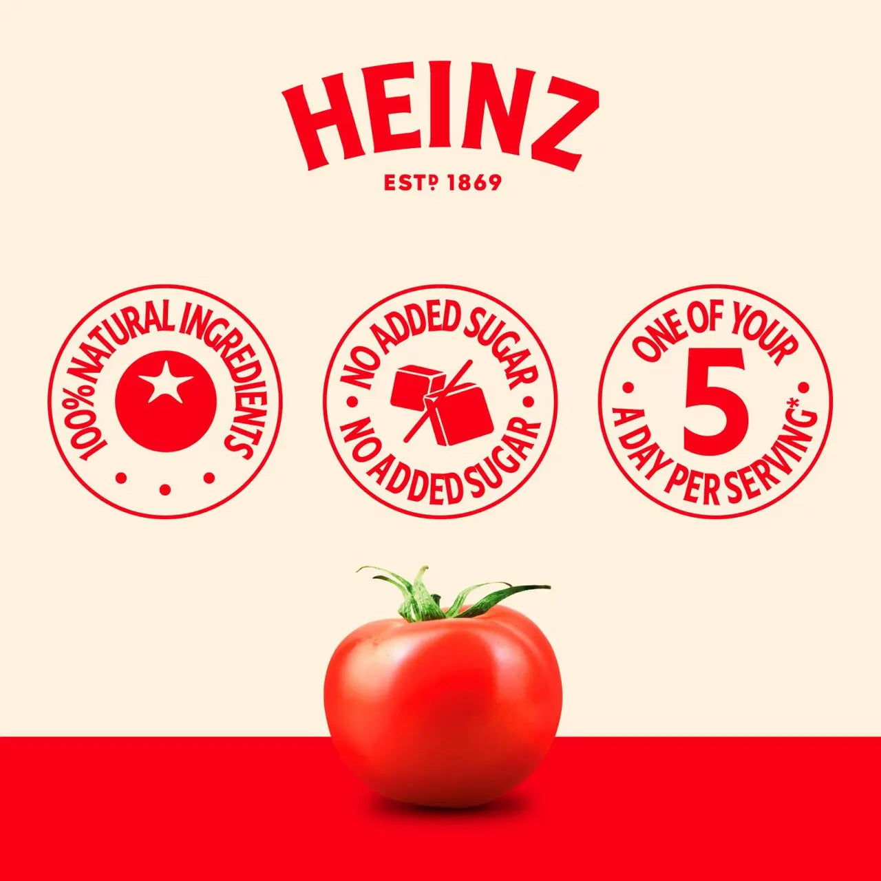 HEINZ logo with a tomato on a red and beige background