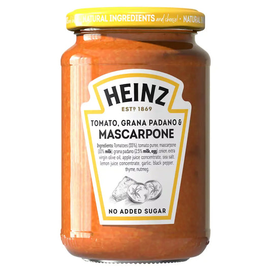 Jar of Heinz tomato sauce with mascarpone on a white background