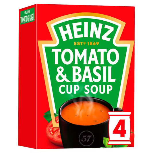 Heinz Tomato & Basil Cup Soup packaging with red and green design.