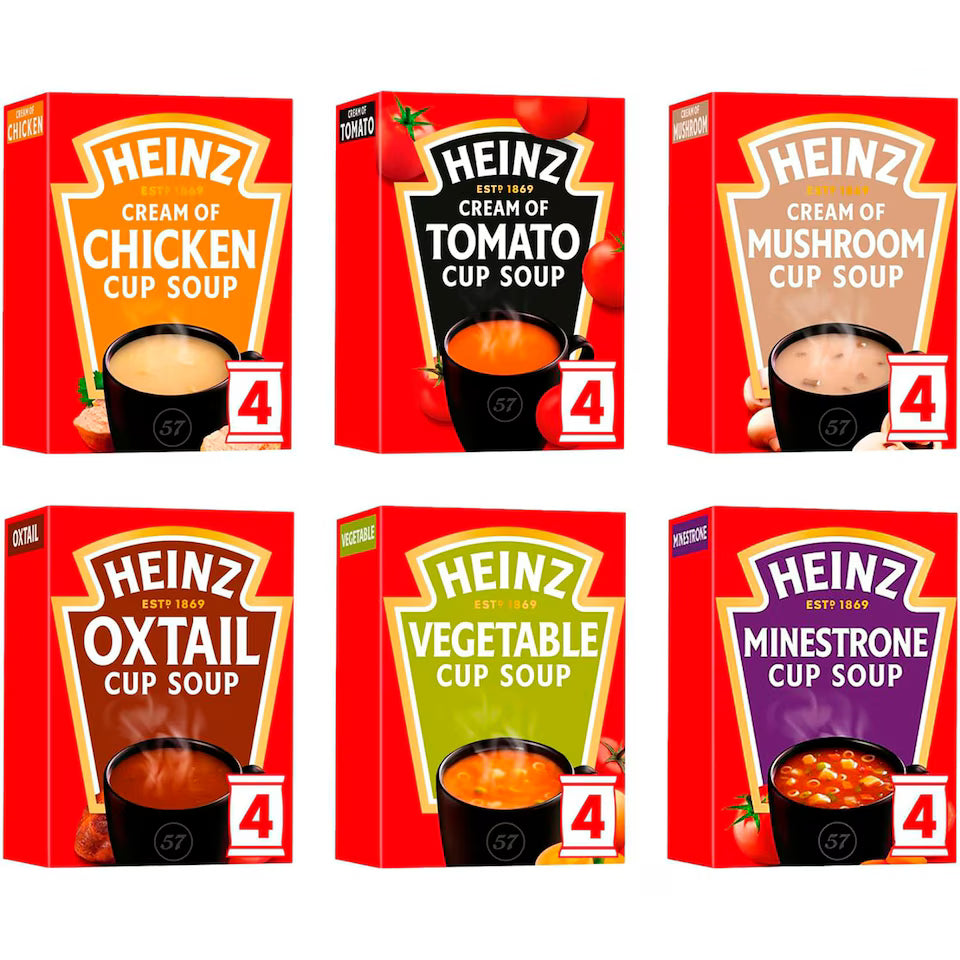 Six boxes of Heinz cup soup with different flavors on a white background