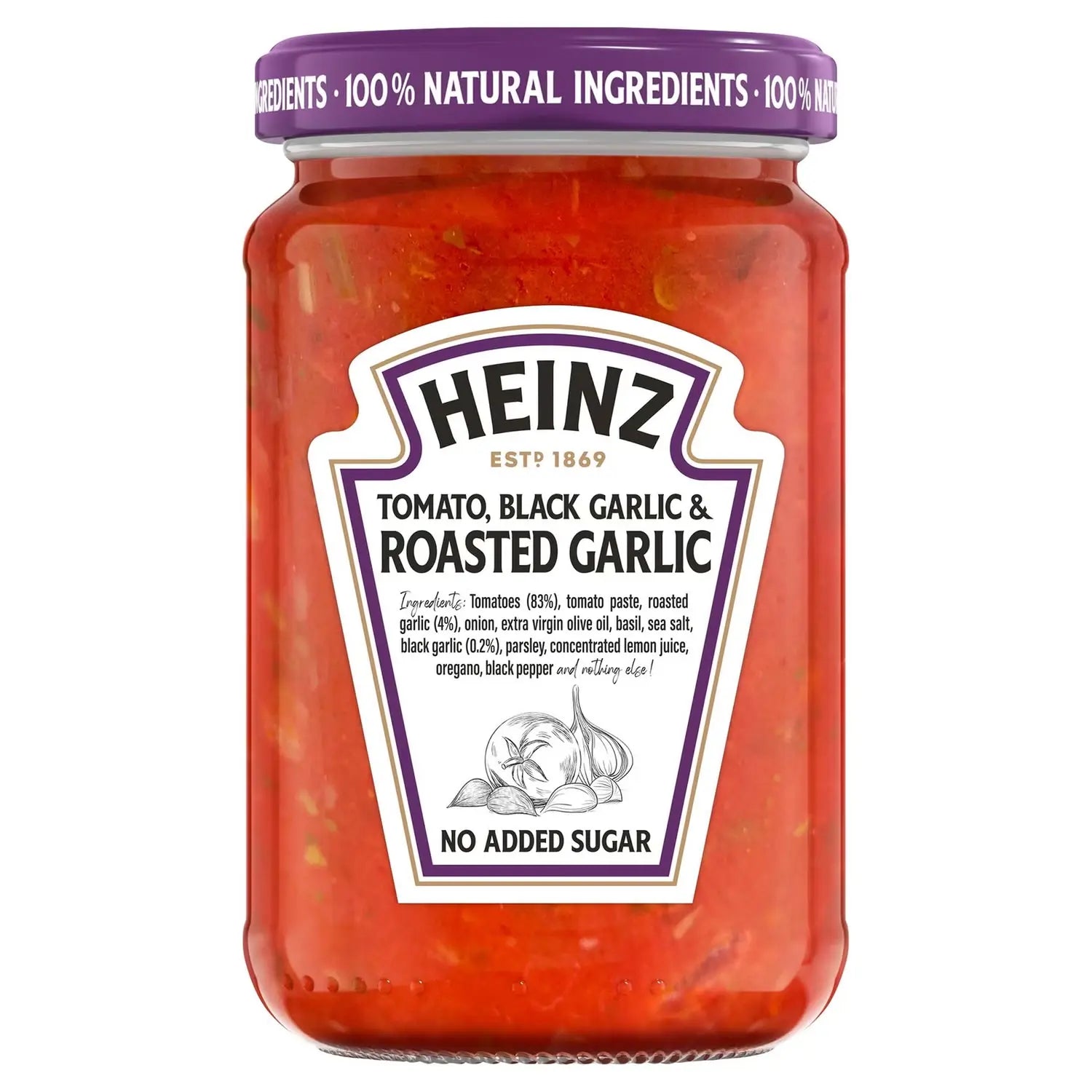 Jar of Heinz Tomato Black Garlic & Roasted Garlic sauce on a white background