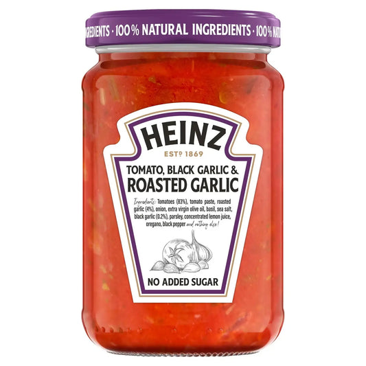 Jar of Heinz Tomato Black Garlic & Roasted Garlic sauce on a white background