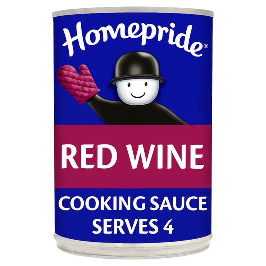 Homepride red wine cooking sauce can with blue and purple label