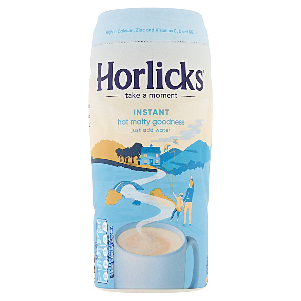 Horlicks instant malt powder packaging with scenic illustration on a white background