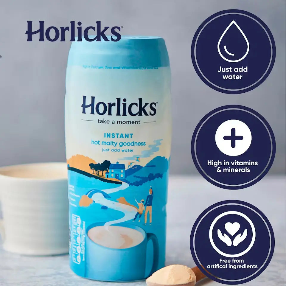 Horlicks instant hot malt powder packaging with branding and product features on a gray background