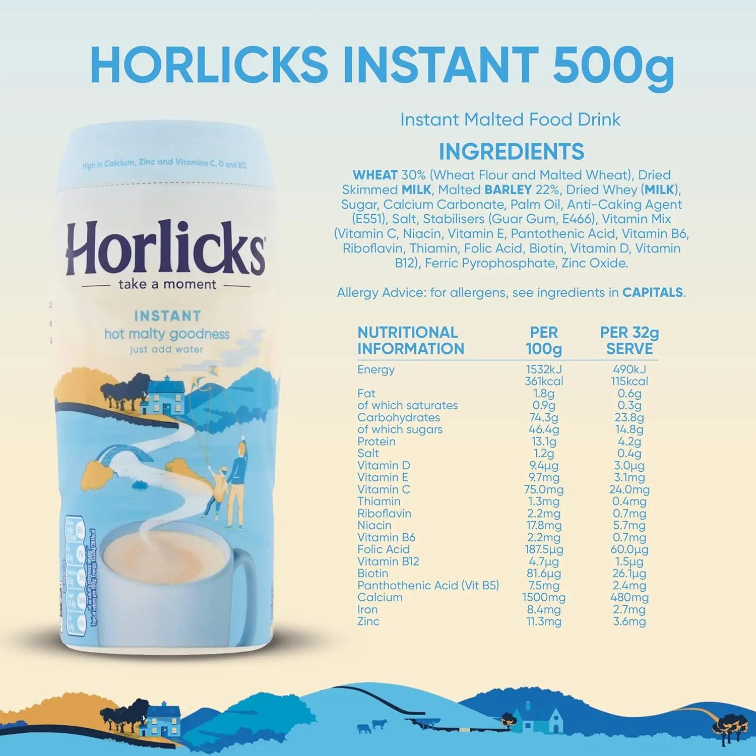 Horlicks Instant Malted Food Drink packaging with nutritional information on a blue background