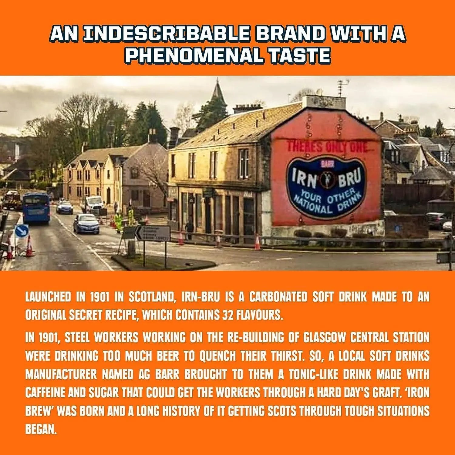 IRN-BRU Original Scottish Soft Drink history poster.