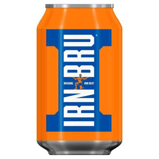 Orange can of IRN-BRU with blue label on a white background