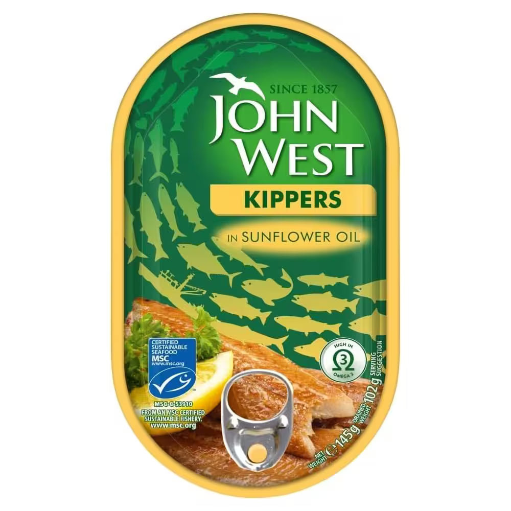John West kippers in sunflower oil packaging with green and yellow design.