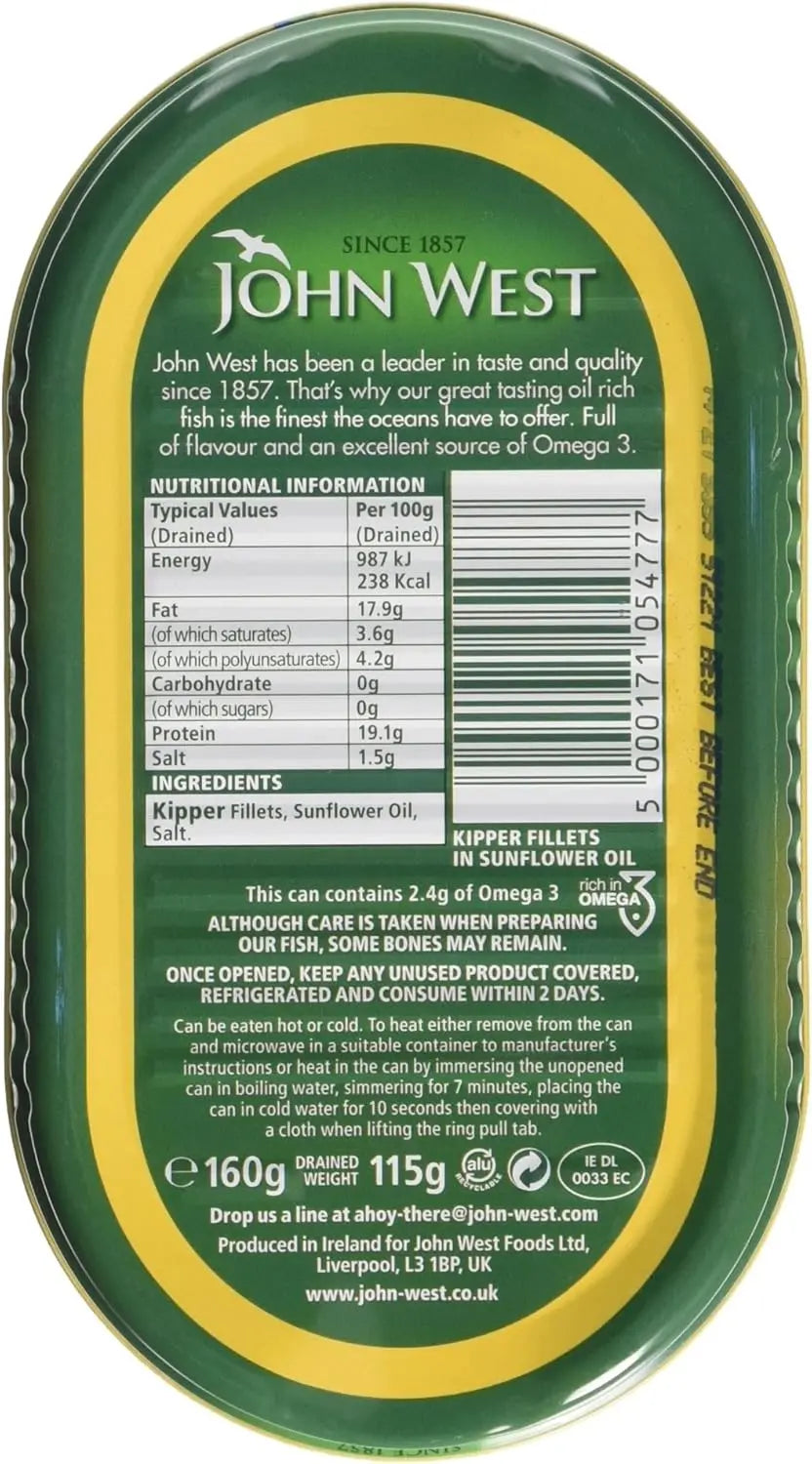 Back of a John West fish can with label and nutritional information.