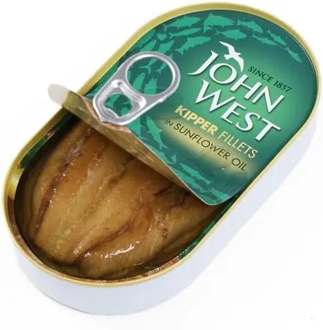 Can of John West Kipper Fillets in Sunflower Oil with green label