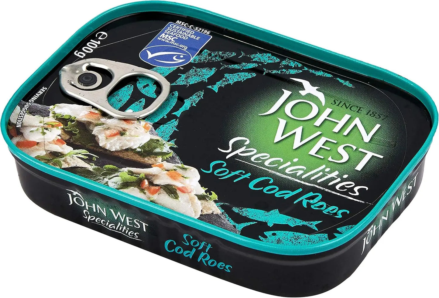 John West Soft Cod Roes 100g Tin on White Background 