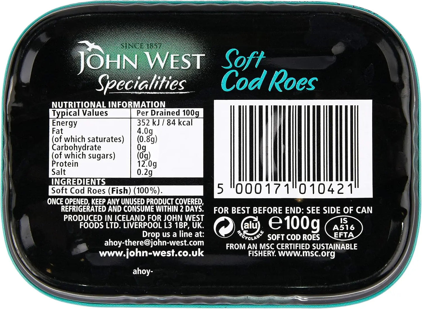 John West Soft Cod Roes 100g Ingredients on a Tin