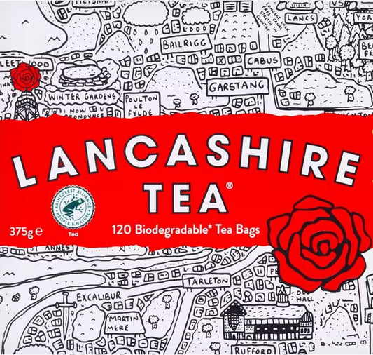 Lancashire Tea packaging with a map design and red rose illustration
