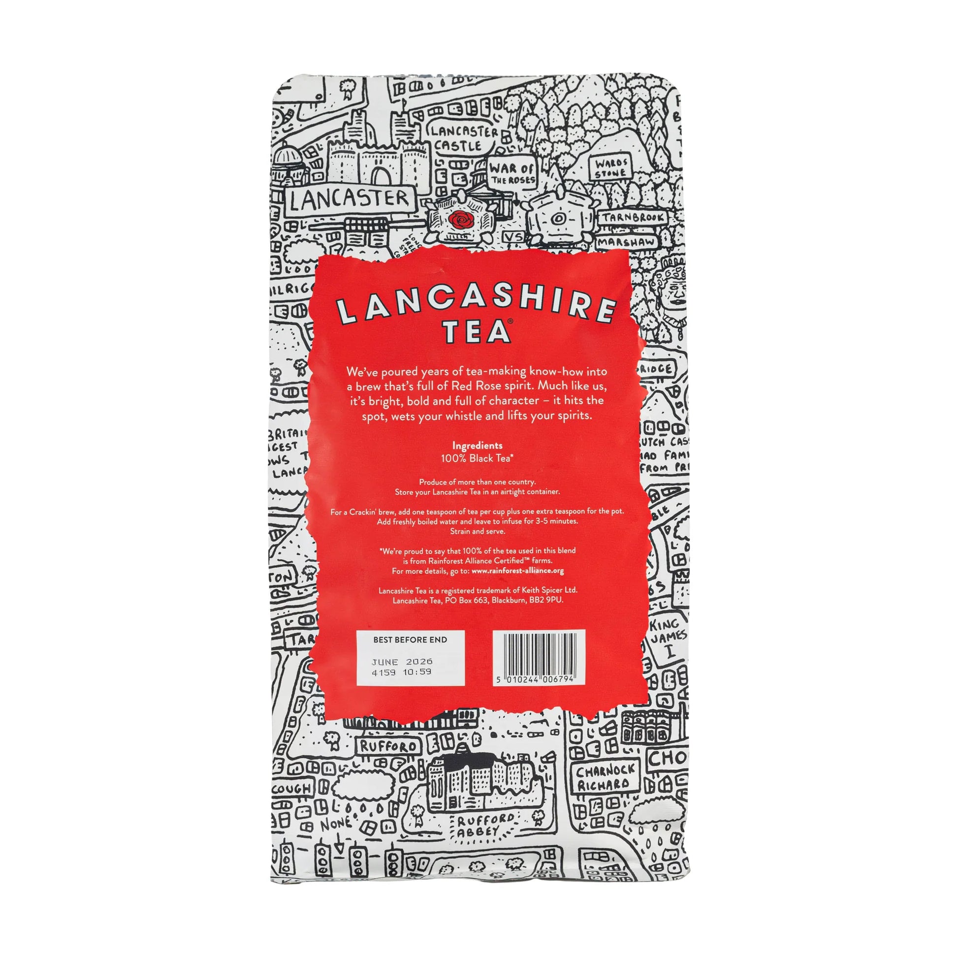 Lancashire Tea package with black and white illustrations on a red background
