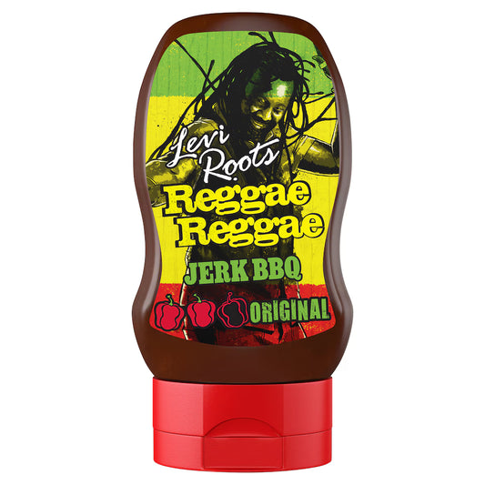 Levi Roots Reggae Reggae Jerk BBQ sauce bottle with colorful label