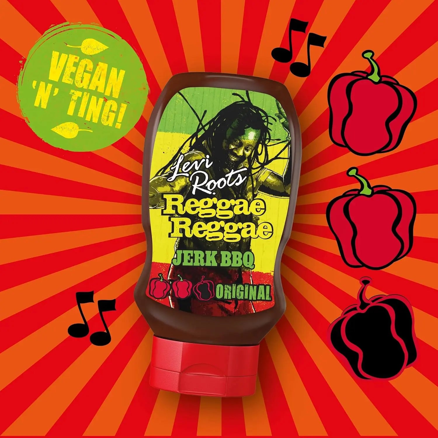 Squeeze bottle of 'Lev Roots Reggae Reggae Jerk BBQ' on a vibrant red and orange background with musical notes and peppers.