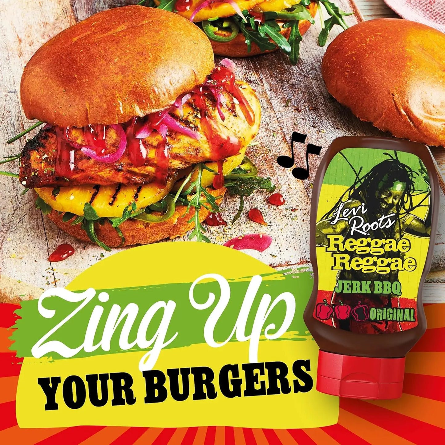 Burgers with a Reggae Jerk BBQ sauce container on a colorful background