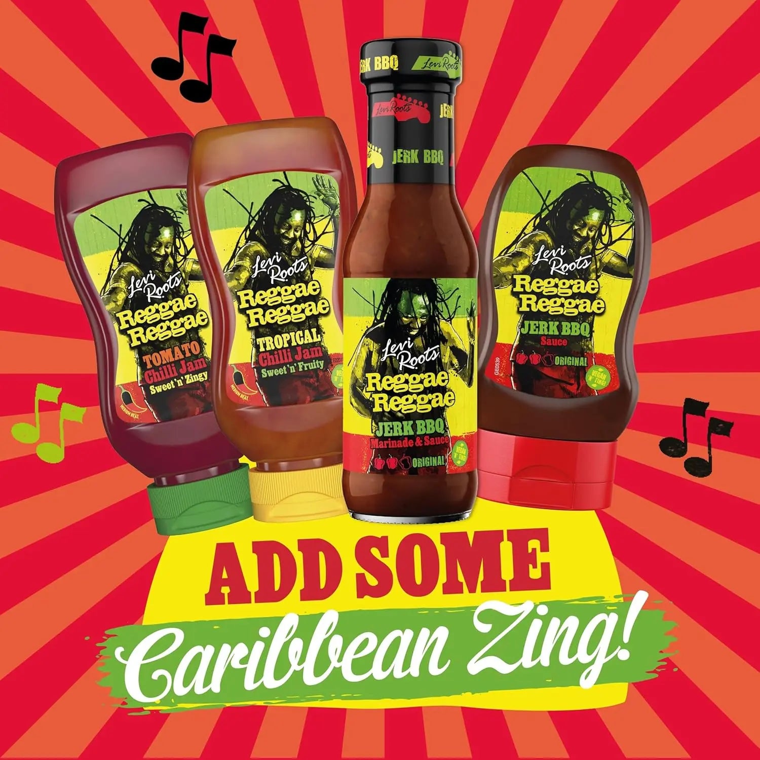Four bottles of Reggae Reggae jerk BBQ sauce on a red and orange striped background with musical notes.
