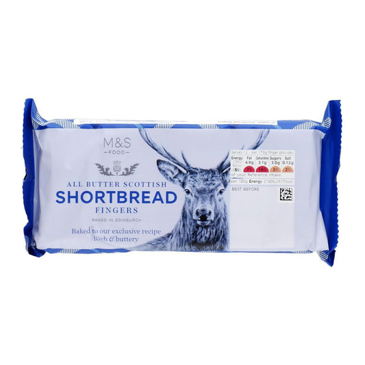 Pack of M&S All Butter Scottish Shortbread Fingers with a deer illustration on a white background