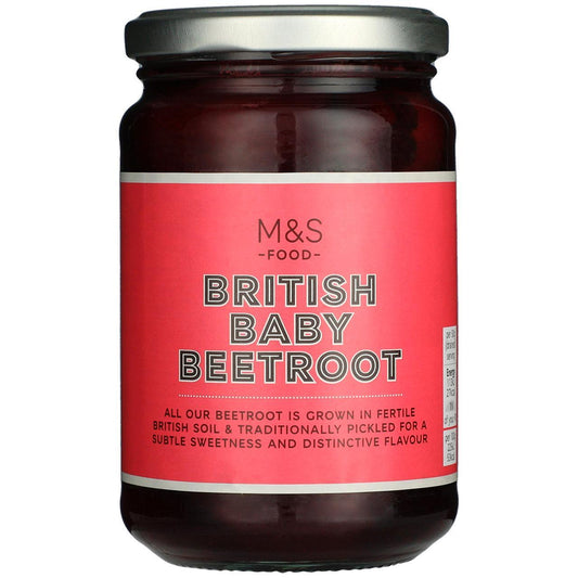 Jar of British Baby Beetroot with M&S label on a white background