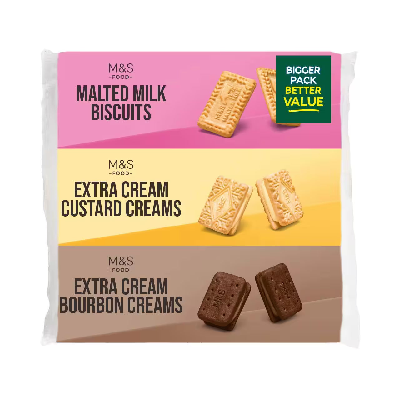 Packaging of M&S biscuits with different flavours on a white background