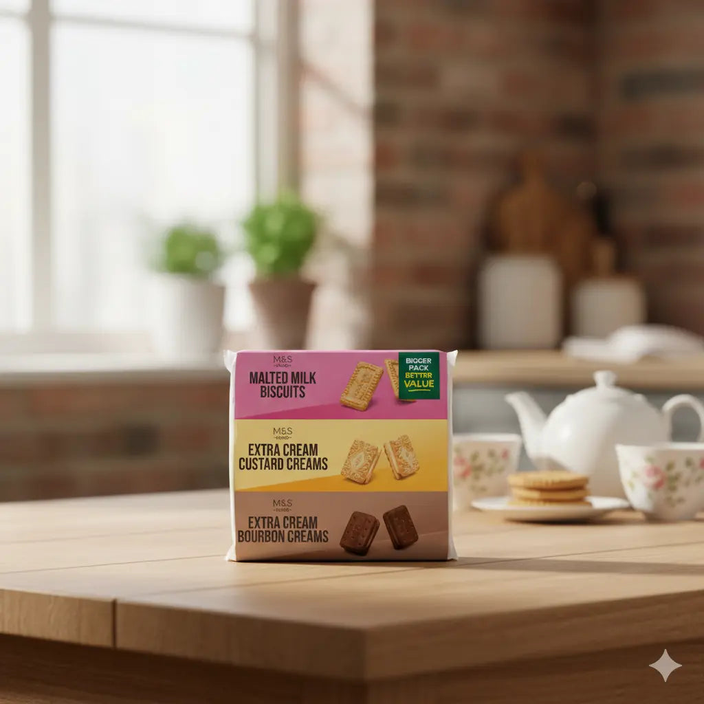 M&S assorted biscuits on a wooden table with a kitchen background