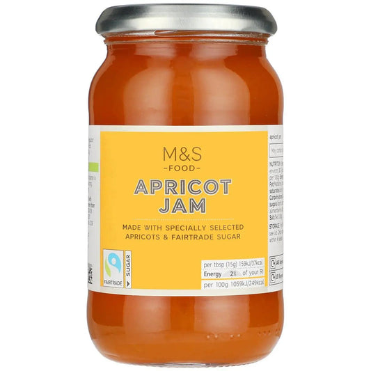 Jar of M&S apricot jam on a white background, available now at Buy British PH.