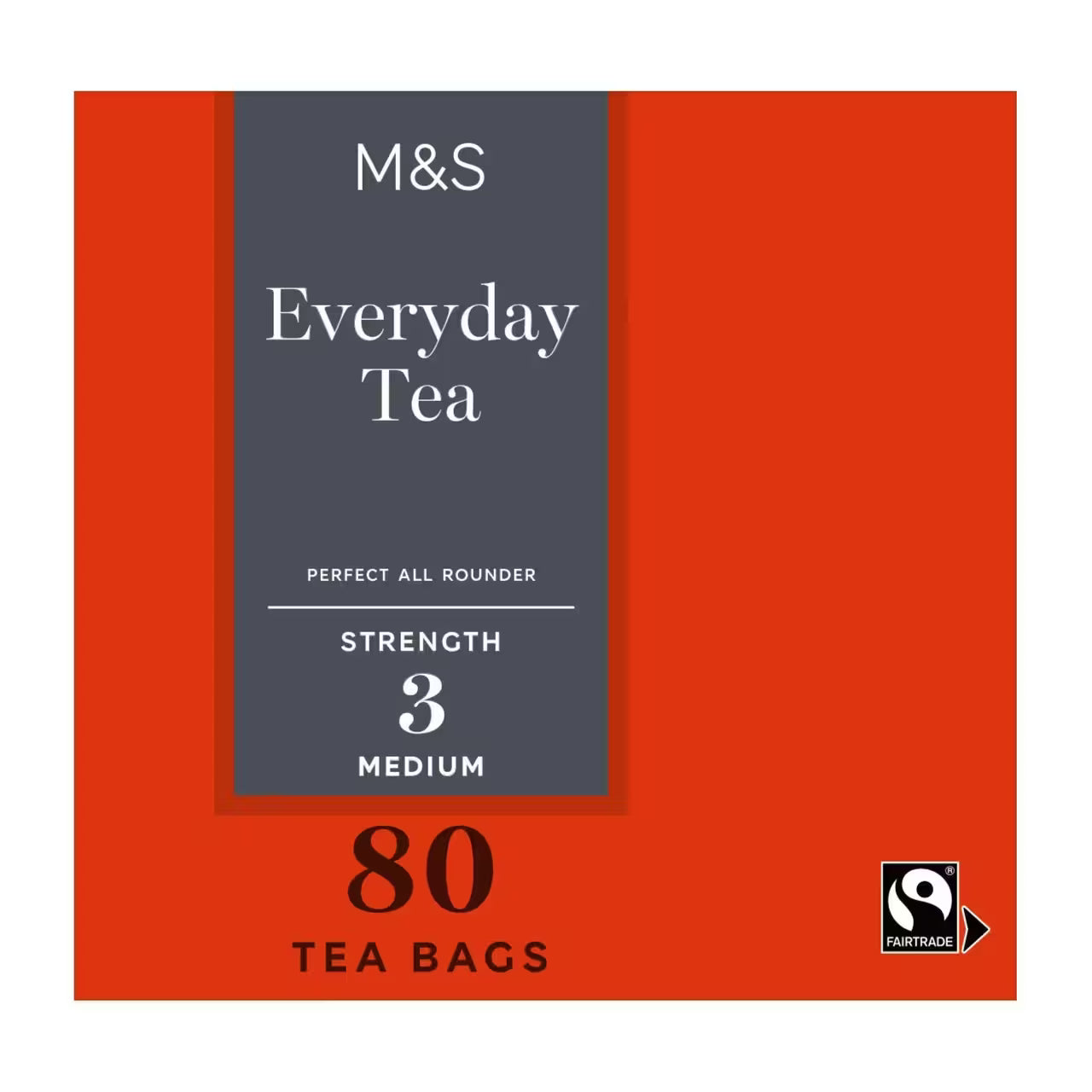 M&S Everyday Tea packaging with red background and Fairtrade logo