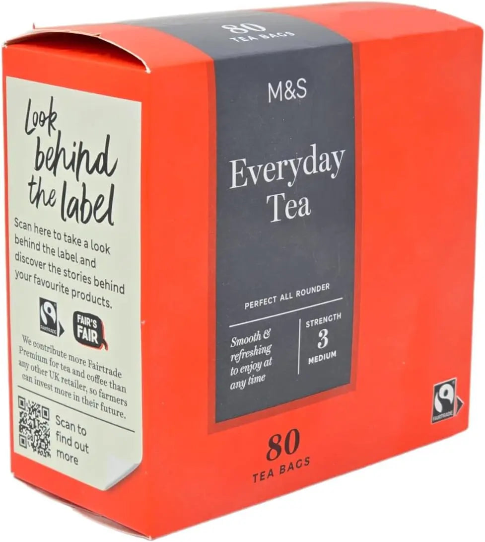 Box of M&S Everyday Tea with red packaging and visible branding.