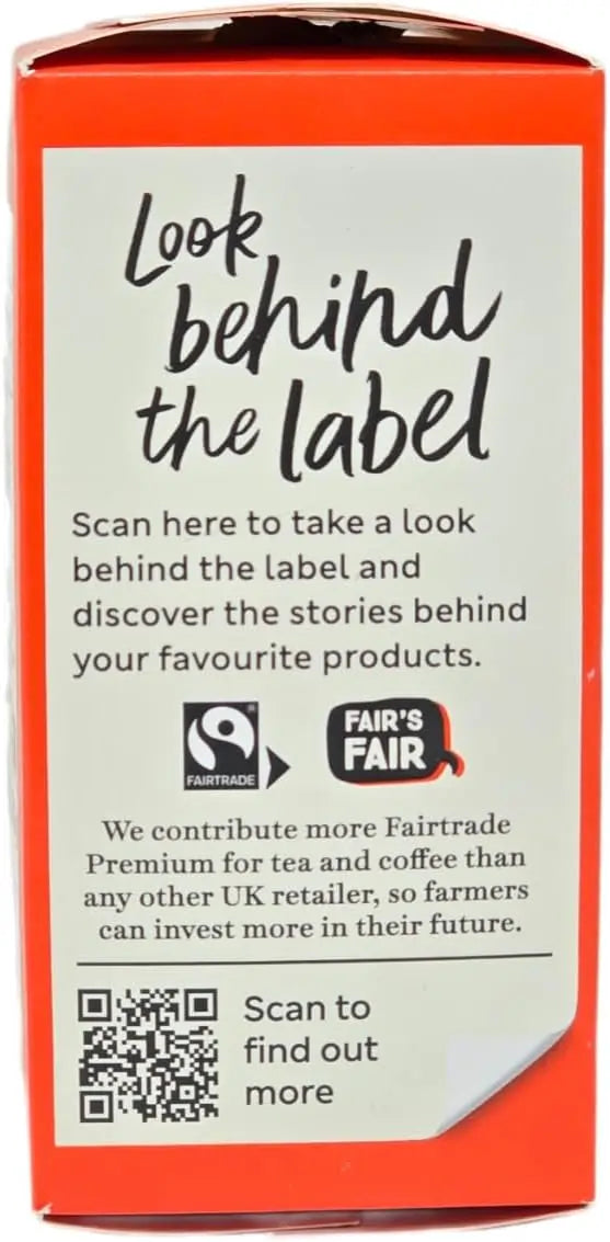 Product packaging with Fairtrade and Fair's Fair logos on a red background