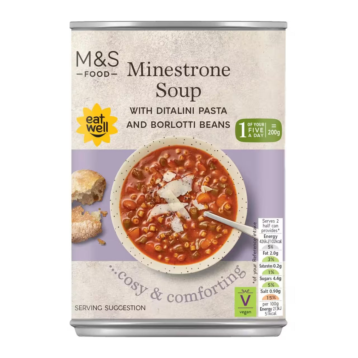 A can of M&S Food Minestrone Soup with Ditalini Pasta and Borlotti Beans, featuring a beige label with a photo of the soup, a yellow 'eat, well' logo, and nutritional information on a white background.