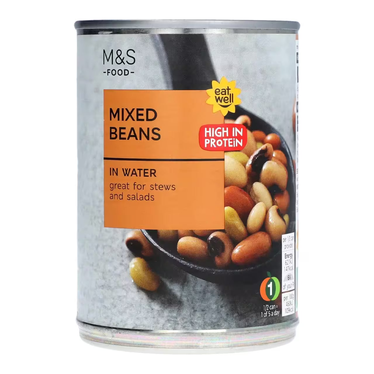Can of mixed beans with M&S branding on a white background