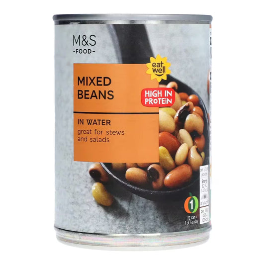 Can of mixed beans with M&S branding on a white background
