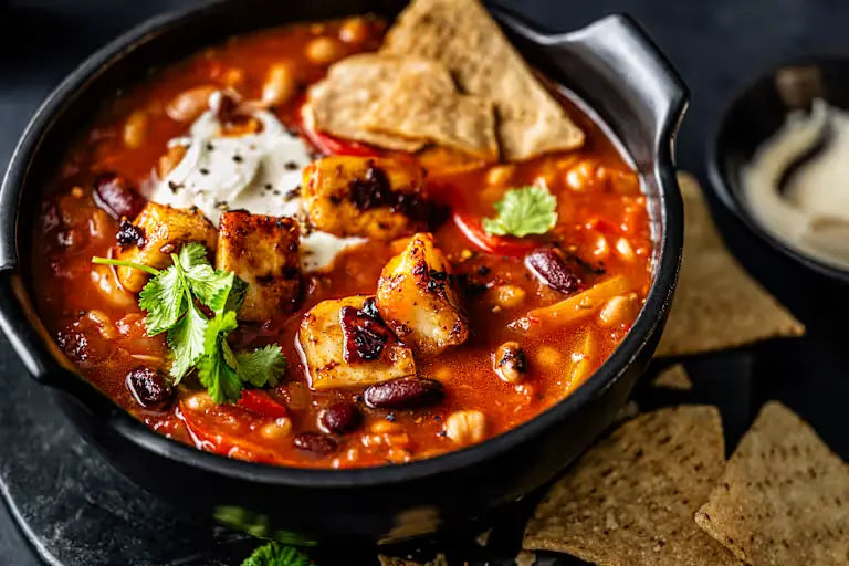 Can of mixed M&S beans in a bowl of chili with tortilla chips and sour cream