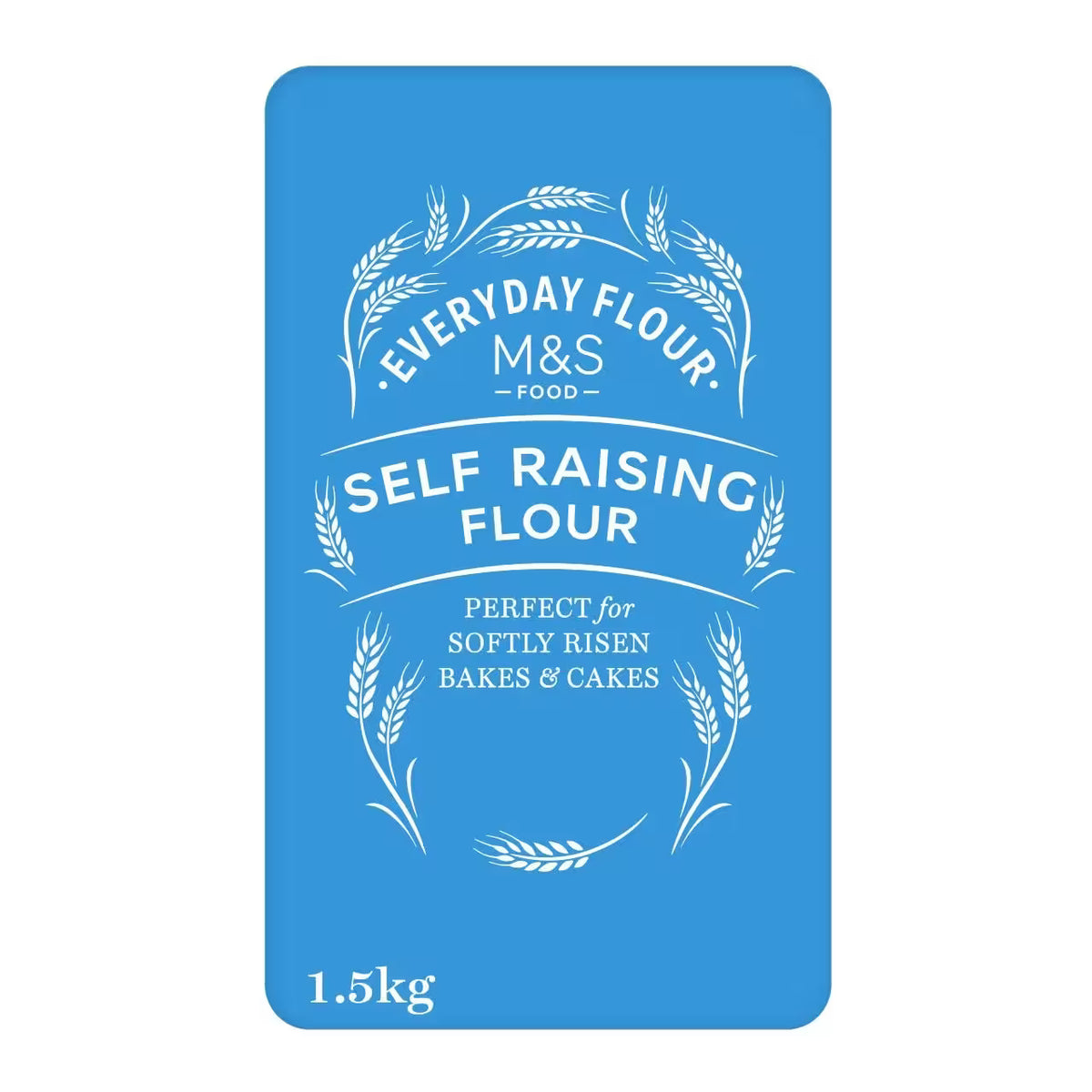 A blue rectangular package label for M&S Everyday Flour Self Raising Flour, 1.5kg, with white text and wheat illustrations on a white background.