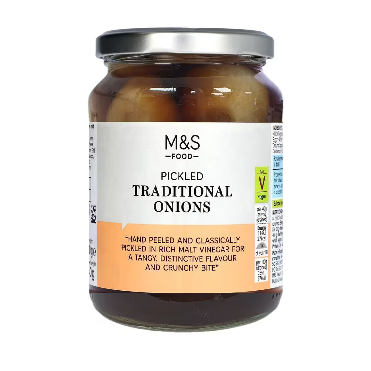 A glass jar of M&S Food Pickled Traditional Onions with a white and orange label and a silver lid, set against a plain white background.