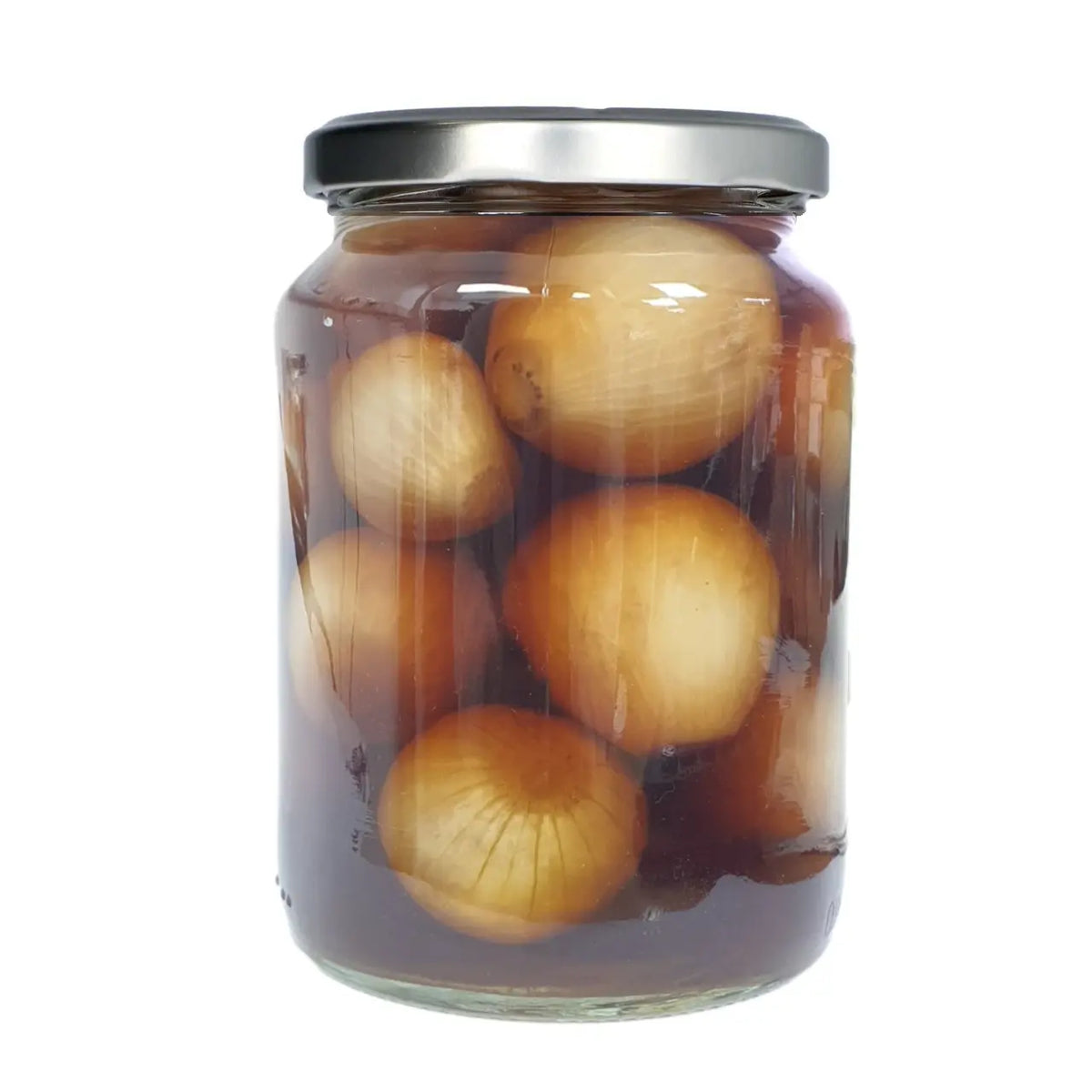 A clear glass jar filled with sliced yellow onions submerged in a dark brown liquid, sealed with a silver metal lid, on a plain white background.