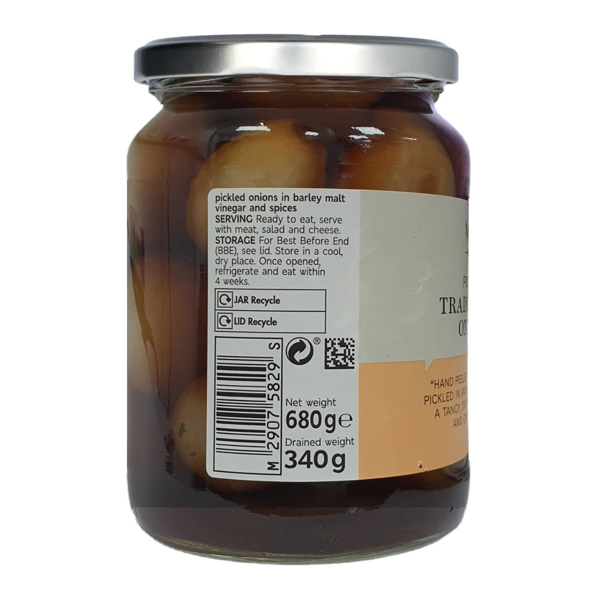 A glass jar of Pickled Onions in Barley Malt vinegar and spices, showing the back label with barcode, weight details, and recycling information, on a white background.