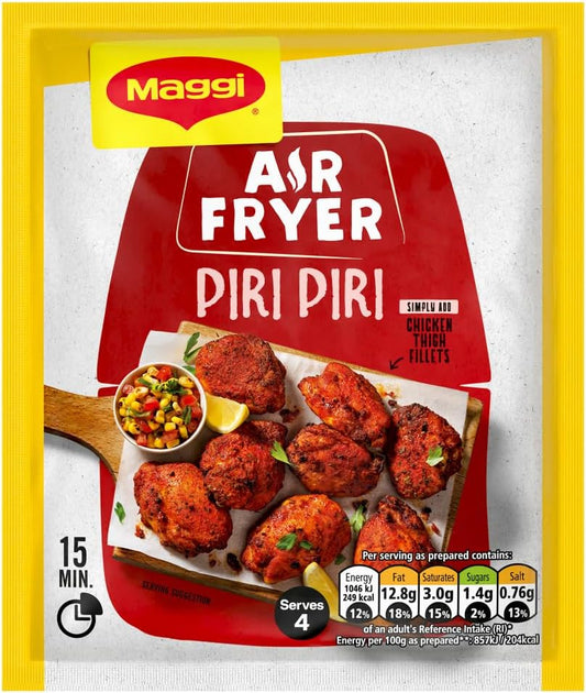 Maggi Air Fryer Piri Piri seasoning packet with images of seasoned chicken and a small bowl of sauce.