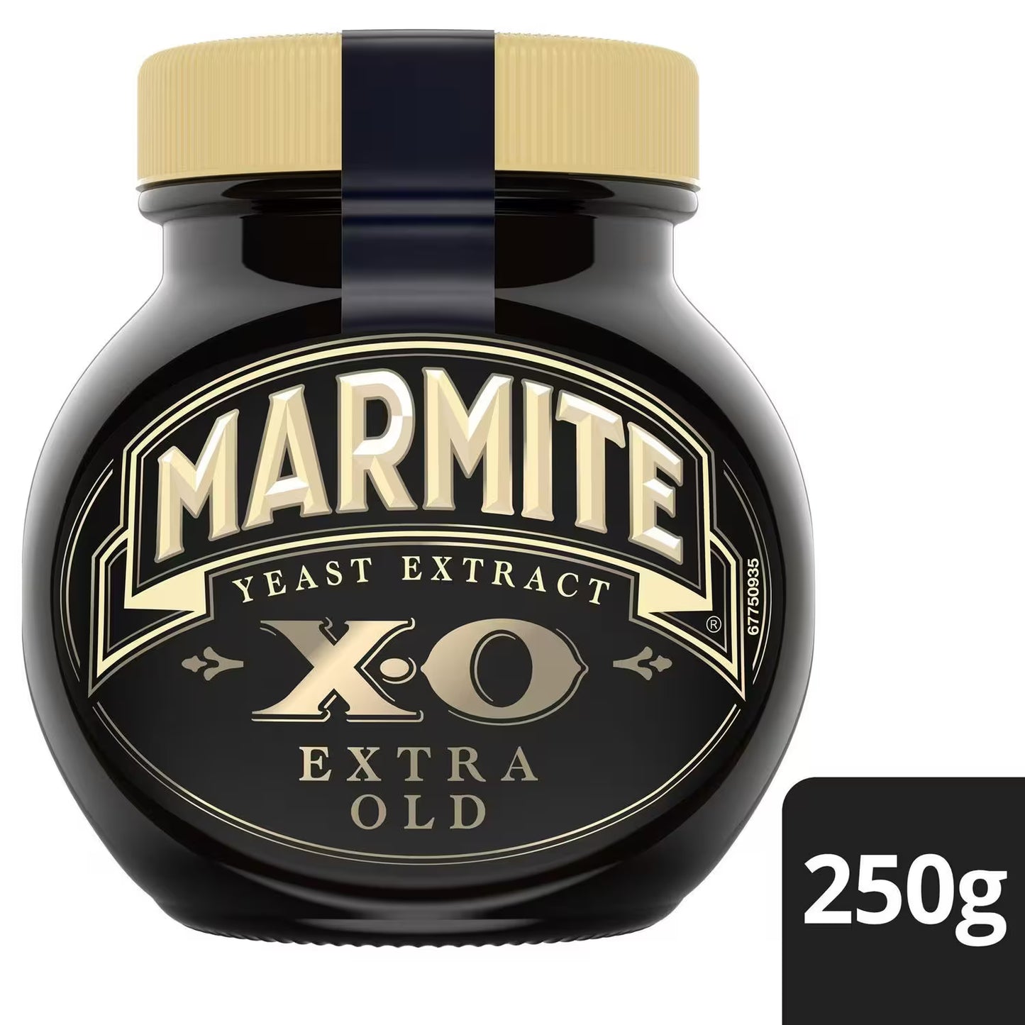 Jar of Marmite XO Extra Old yeast extract with a black and gold label on a white background.