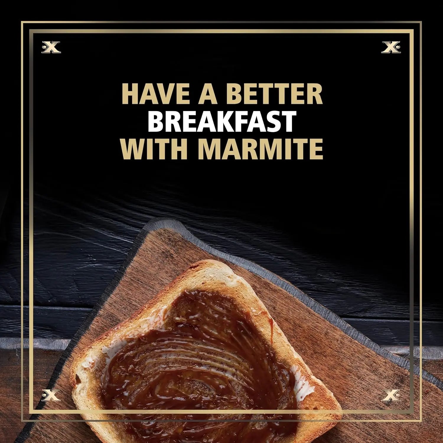 Toast with marmite on a wooden board against a dark background with promotional text.