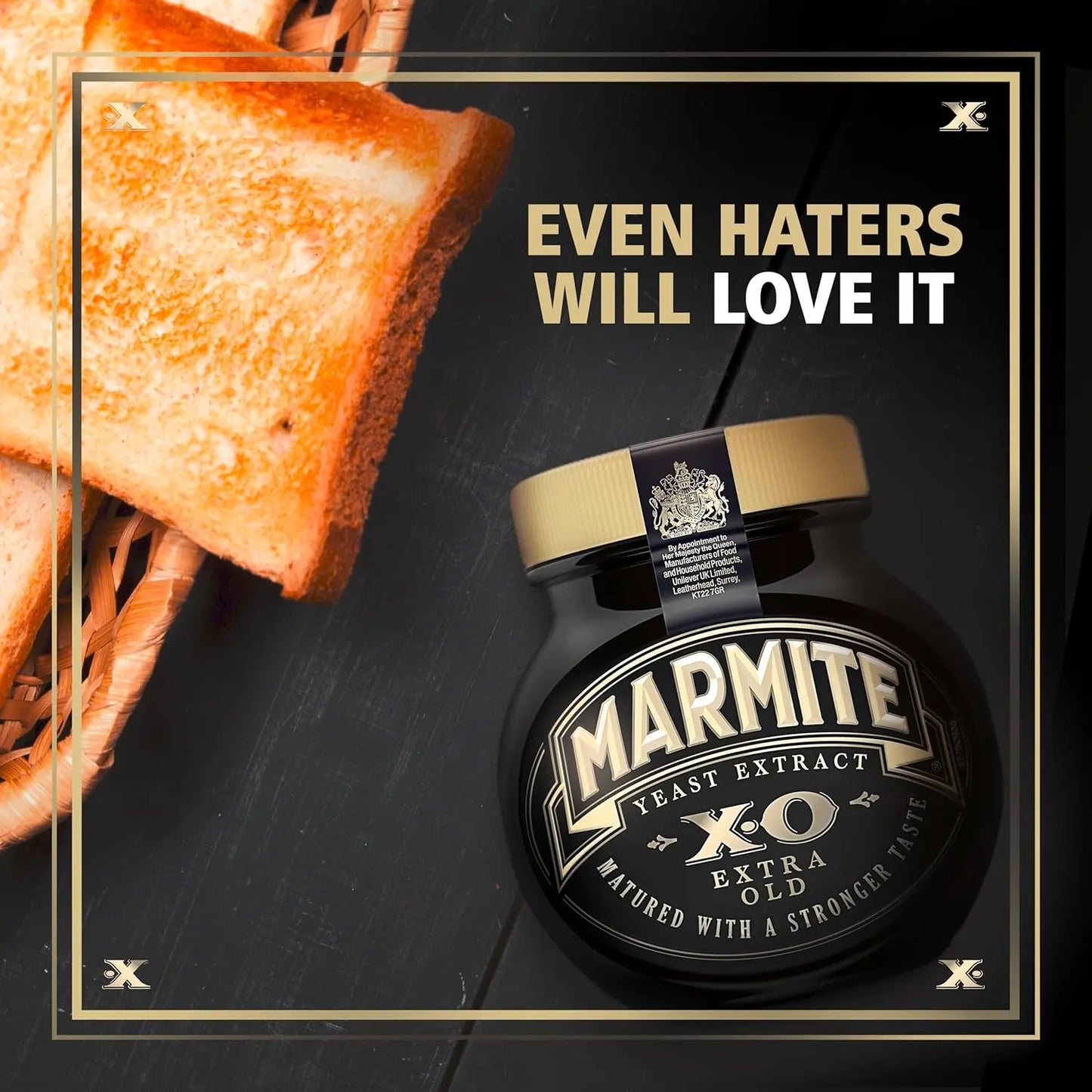 Jar of Marmite yeast extract with toast on a dark background and text 'Even haters will love it'.