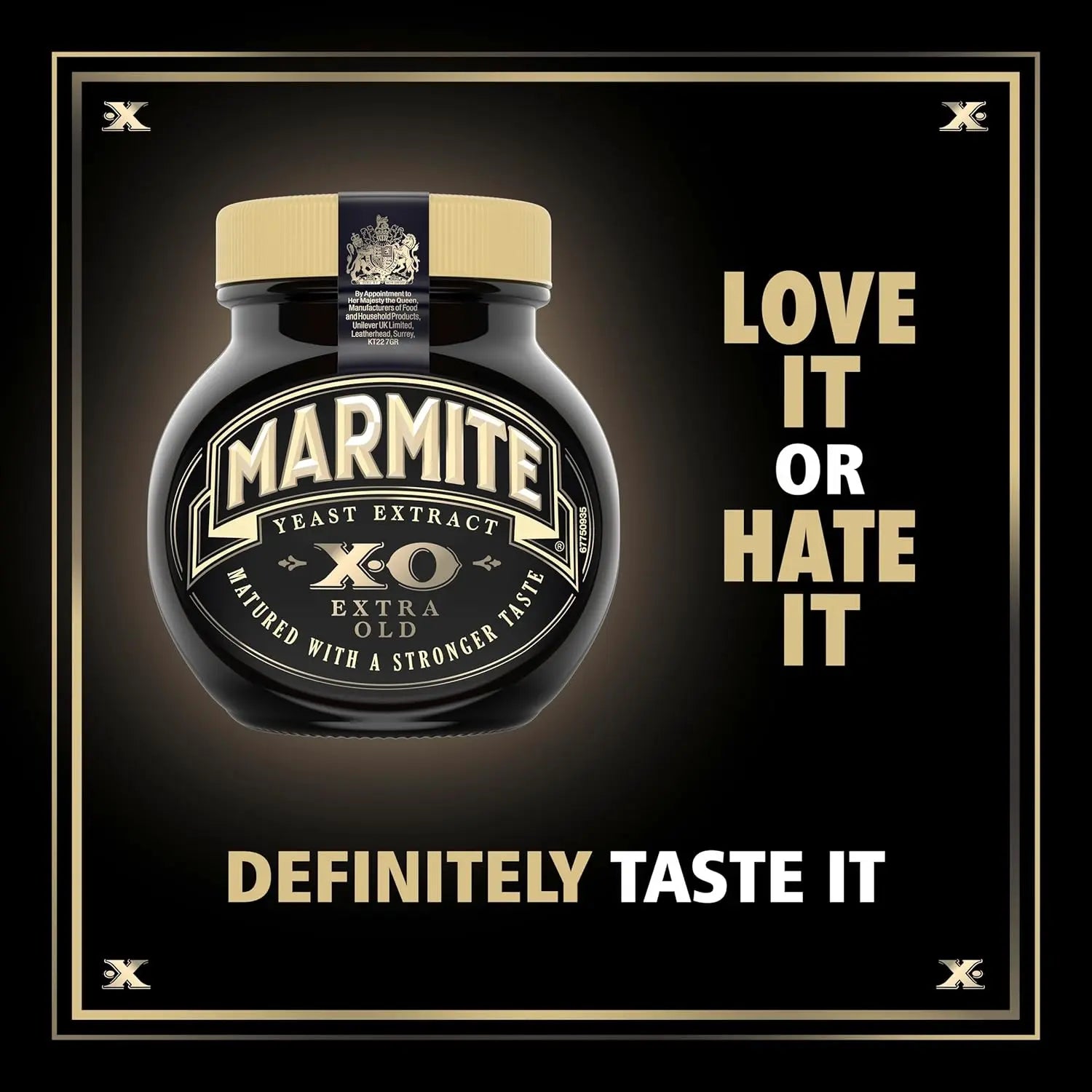 Marmite jar with 'Love it or Hate it, Definitely Taste it' text on a black background