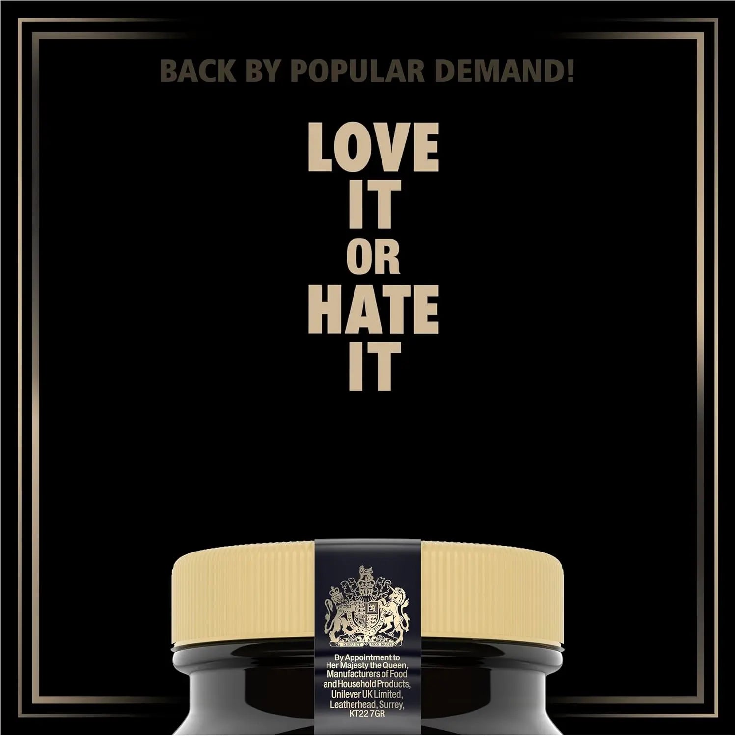Product with a gold lid and black background featuring 'Love It or Hate It' text.