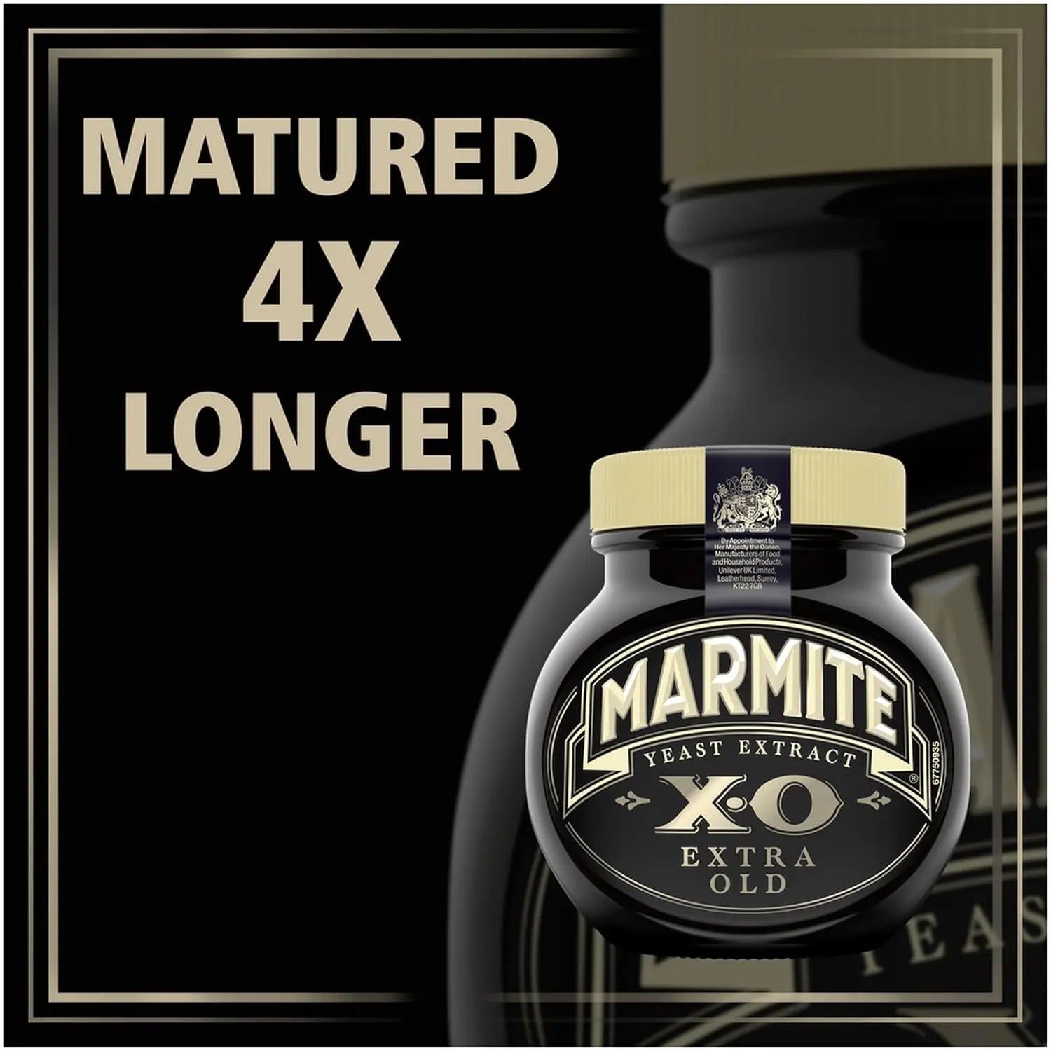 Marmite XO Extra Old jar with text 'Matured 4X Longer' on a black background
