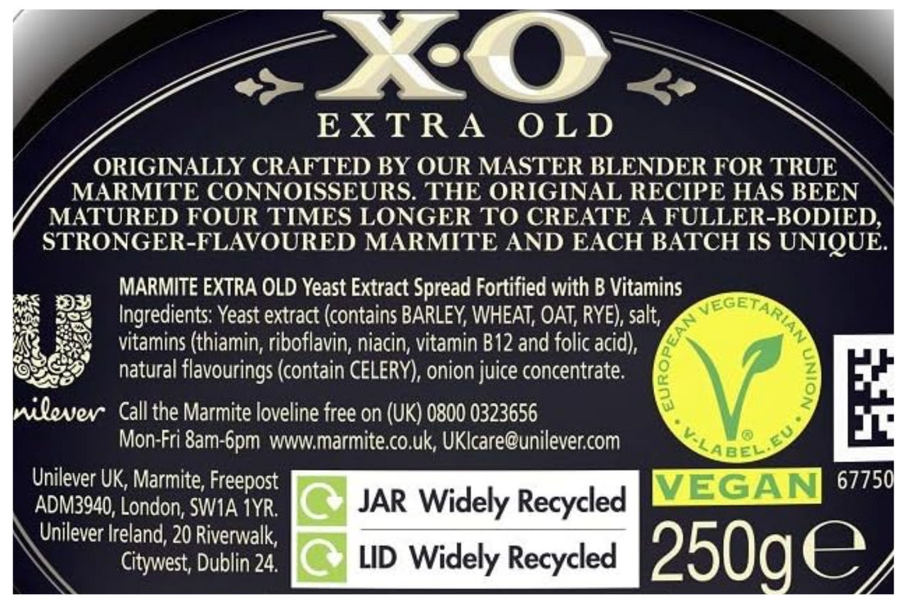 Marmite label with branding and product details
