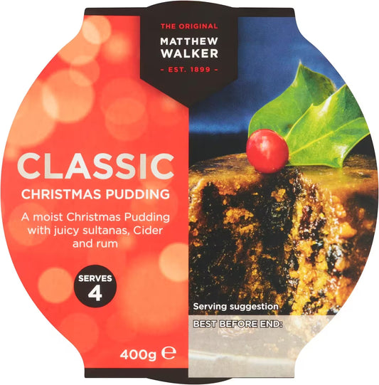 Matthew Walker Classic Christmas Pudding packaging with holly leaf and berry decoration.