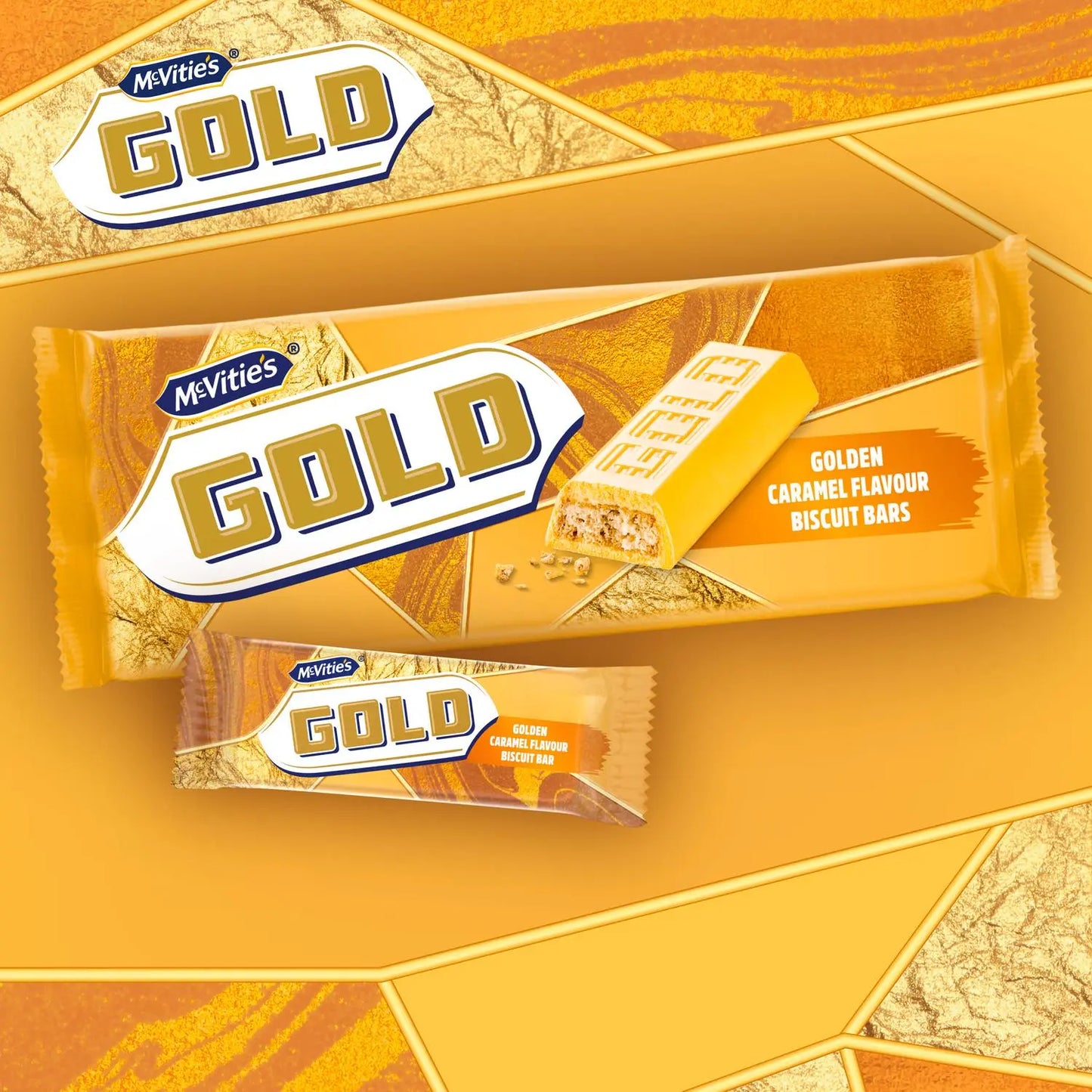 McVitie's Gold Golden Caramel Flavour Biscuit Bars packaging on a yellow background