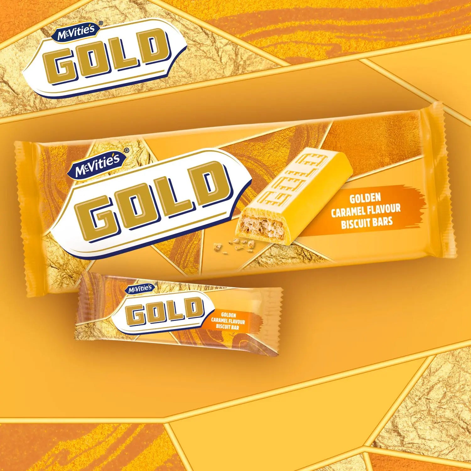 McVitie's Gold Golden Caramel Flavour Biscuit Bars packaging on a yellow background